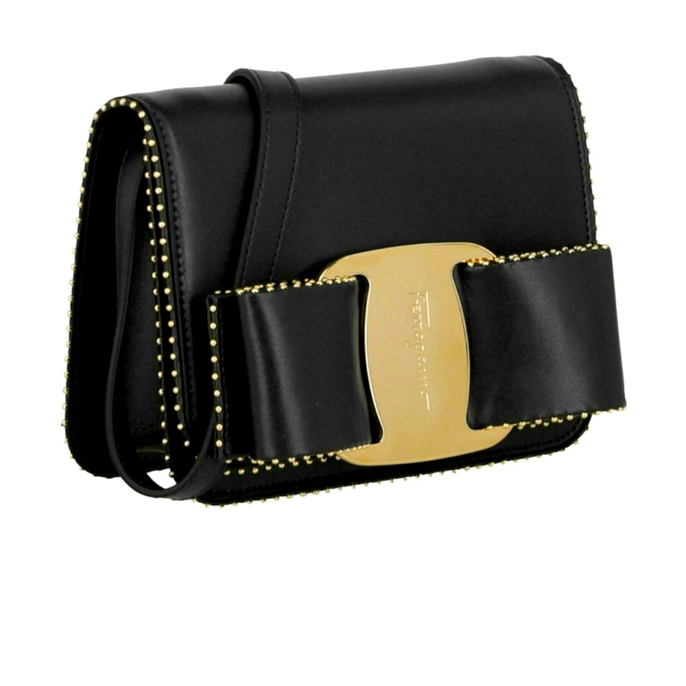 Salvatore Ferragamo Vara Bow Cross Body Bag, black w/ gold accents Brand new